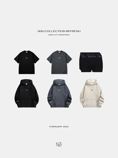 four different sweatshirts and shorts with the words good collection refreshh on them