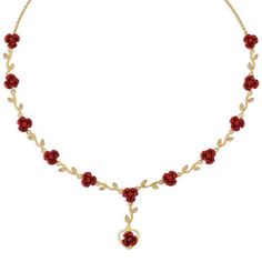 This stunning 24kt gold-plated necklace is crafted in a stylish Y-shape and features twelve exquisitely detailed roses, perfectly capturing their lush crimson beauty.  Linking the roses is an artfully crafted 24kt gold-plated vine of delicate "leaves" -- each one gleaming with a genuine Swarovski crystal.For a final romantic touch, a single rose framed within a heart dangles gracefully from the chain.  The necklace measure a classic 18" in length and is secured with a lobster claw clasp.  A conv Cheap Rose Red Earrings For Gift, Luxury Red Choker For Gift, Elegant Rose Detail Wedding Necklaces, Elegant Rose Wedding Necklaces, Elegant Wedding Necklaces With Roses, Rose Color Formal Necklace For Valentine's Day, Formal Rose Necklace For Valentine's Day, Rose Color Necklace For Valentine's Day, Rose Necklace For Valentine's Day Formal