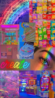 a collage of photos with neon lights, candy machines and a rainbow colored background