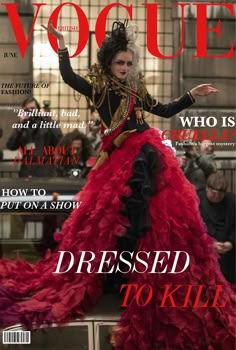 a magazine cover with a woman in a red dress on it's front page