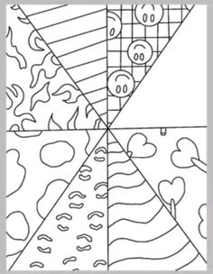 a coloring page with four different shapes and lines on it, one is black and white