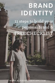 a woman standing in front of an old building with the words brand identity and your personal branding checklist