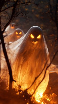 two halloween pumpkins with glowing eyes in the woods