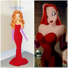 there are two pictures of the same woman in red dresses, and one has an image of ariel from the little mermaid