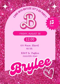 a pink birthday party flyer with the word brulee on it's side