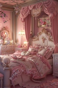 a bedroom decorated in pink and gold