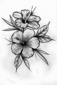 a black and white drawing of two flowers