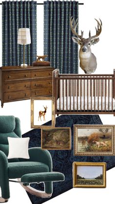 a baby's room is shown with blue and green accents, including a rocking chair