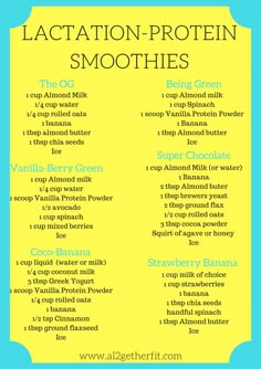 Six Lactation Protein Smoothies for nursing moms and moms who work out! Breastfeeding Snacks, Lactation Smoothie, Protein Smoothies, Nursing Mom