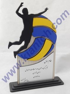 an award plaque with a man jumping over a beach ball