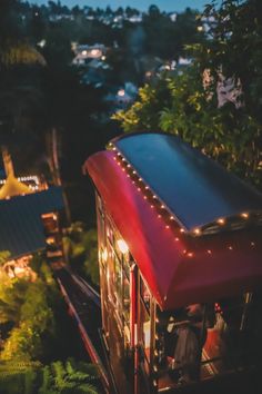 a red train traveling through a lush green forest filled with lots of trees and lights