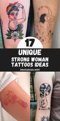 some tattoos that have different designs on them and the words, unique strong woman tattoos ideas