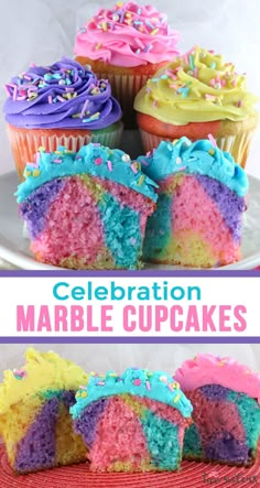 colorful cupcakes with sprinkles on them and the words celebration marble cupcakes