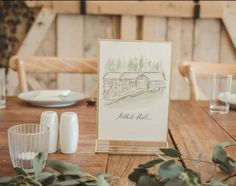 the table is set with place cards and glasses