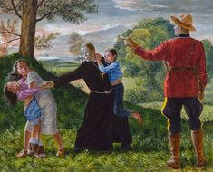 a painting of three people holding hands in front of a man and woman with two children