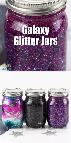 three jars filled with glitter sitting next to each other