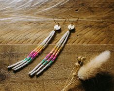 Boho Earrings with beaded Fringe in white & Rainbow colors ca. 4.5 inches long Bohemian White Beaded Earrings With Chain, Bohemian White Beaded Chain Earrings, Rainbow Fringe, Beaded Rainbow, White Rainbow, Beaded Fringe, Fort Collins, Fringe Earrings, Boho Earrings