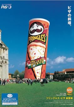 an advertisement for pringles pizza in front of the leaning tower of pisa, italy