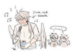 a drawing of an angel holding a cup with music notes on it and another person standing next to him