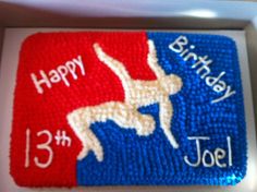 a birthday cake with a dog on it and the number thirteen is decorated in red, white, and blue