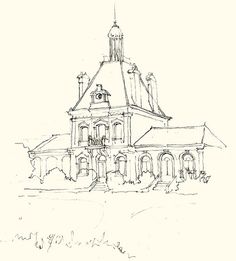 a drawing of a large building with a clock tower