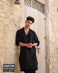 **Welcome to Our Shop: Coustomkurtas** Pure  Black Chikankari Work Kurta Pajama For Men | Embroidered Kurta Sets | Indian Kurta Pyjama for Wedding | Georgette Kurta Sets - Black - Sequence Kurta Pyjama  **Men's Long Kurta**   Elevate your ethnic wardrobe with our top-quality Short Kurta. Crafted from a luxurious cotton blend, this regular-fit kurta features full sleeves and a classic design. Pair it with traditional for a standout look at special occasions. **Product Details - **Material  Embroi Black Straight Kurta Sherwani For Navratri, Black Embroidered Cotton Sherwani, Black Cotton Sherwani For Festive Occasions, Festive Black Cotton Sherwani, Black Sherwani With Chikankari Embroidery For Festivals, Black Long Sleeve Sherwani For Navratri, Black Kurta With Dabka For Traditional Ceremonies, Traditional Black Straight Kurta Sherwani, Black Embroidered Sherwani Straight Kurta