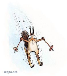 a drawing of a hedgehog skiing with skis and poles in his hands,