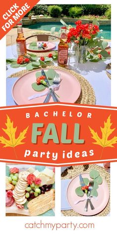 an advertisement for fall party ideas with pictures of plates and flowers on the table in front of