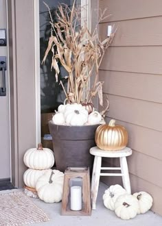 pumpkins and gourds are sitting on the front porch