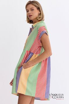 Nothing says spring/summer fun like our Nikki Multi-Color Stripes Shirt Mini Dress. This fun easy dress boasts a delightful array of colors, and the button-down design and side pockets adds practicality while ensuring ease of wear. The inclusion of a lining ensures both comfort and confidence, allowing you to embrace every moment. The allure of this dress lies in its versatility. Whether you're strolling through sun-kissed streets or attending a daytime soirée, pair it with cute wedges, sandals Relaxed Fit Summer Shirt Dress For Daytime, Relaxed Fit Shirt Dress For Summer Daytime, Spring Vacation Cotton Shirt Dress, Spring Cotton Shirt Dress For Vacation, Casual Shirt Dress With Pockets For Vacation, Casual Multicolor Shirt Dress For Beach, Casual Multicolor Shirt Dress For The Beach, Casual Multicolor Shirt Dress For Summer, Collared Dresses With Pockets For Vacation