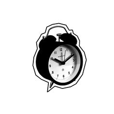 a black and white photo of an alarm clock with speech bubble in the shape of a bomb