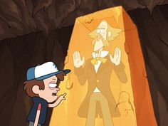 a cartoon character standing in front of a cave with his hand up to the light