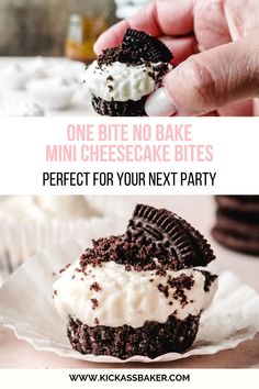 a person holding a oreo cookie and an ice cream sandwich with the words, one bite no bake mini cheesecake bites perfect for your next party