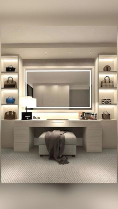 a dressing room with lights on the wall and shelves filled with purses, bags and handbags