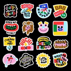 various stickers on a black background with words and symbols in different colors, shapes and sizes