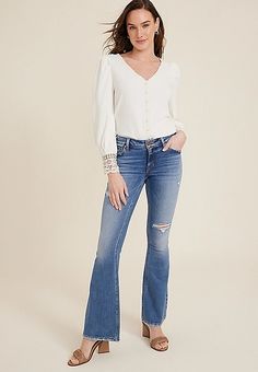 edgely™ Mid Rise Ripped Flare Jean | maurices Fall Medium Wash Flare Jeans With Zipper, Fall Flare Jeans With Zipper Closure In Medium Wash, Fall Relaxed Fit Jeans With Zipper Closure, Fall Relaxed Fit Jeans With Zipper, Dark Wash Flare Jeans With Zipper For Fall, Fall Dark Wash Flare Jeans With Zipper Closure, Colored Jeans, Jeans Shop, Flare Jeans