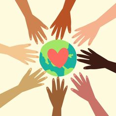 many hands surrounding the earth holding a heart