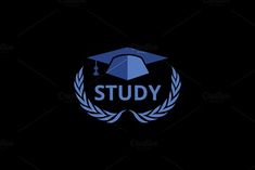 the study logo on a black background with a blue graduation cap and laurel around it