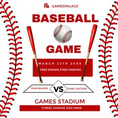 a baseball game flyer with two bats and ball in the middle, on a white background