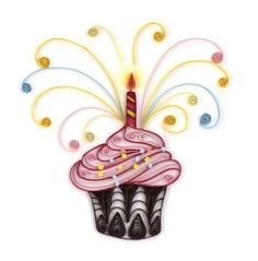 a birthday card with a cupcake on it's side and a lit candle in the middle