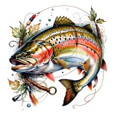 a rainbow colored fish with leaves on it's tail and fishing lures in its mouth