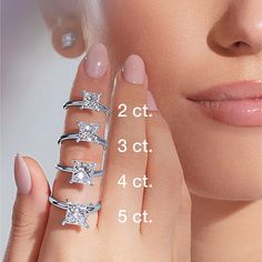 a woman's face with four different rings on her finger and the measurements for each ring