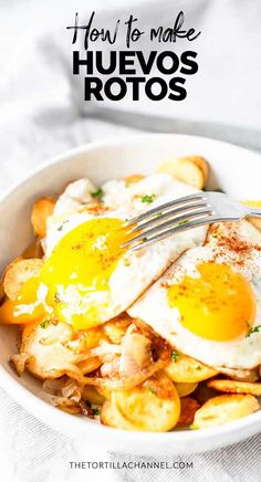 a white bowl filled with fried eggs and potato wedges next to a fork in it