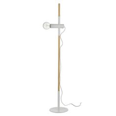 a white floor lamp with a wooden stick in the middle and two lights on each side