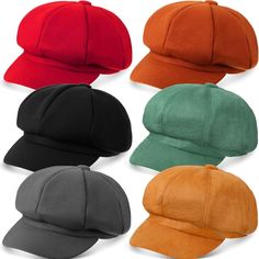 six different colors of baseball caps with one black, red, green, and orange