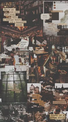 collage of images with buildings and people in the background, including bookshelves