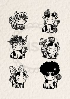 four farm animals with flowers in their hair