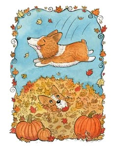 a drawing of a corgi sleeping on top of a pile of autumn leaves