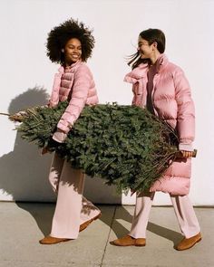 two women in pink coats carrying a tree