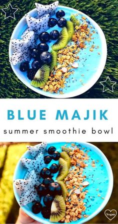 two plates filled with different types of fruit on top of each other and the words blue majik above them